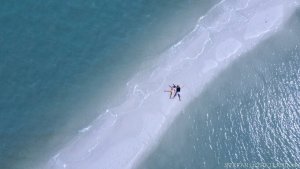 2 Menschen auf dem Strand mit der Drohne DJI Mavic Air 2 von oben