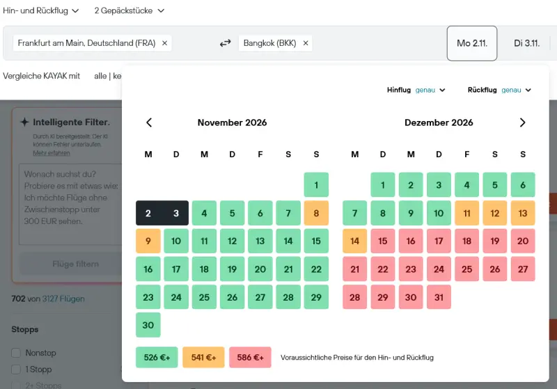 Preissuche beim Flugportal Kayak