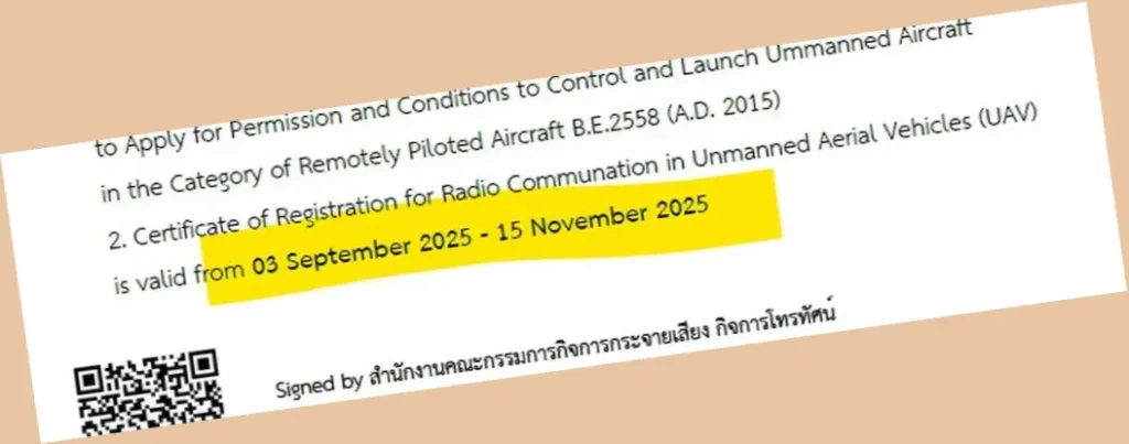 Das Ablaufdatum auf einer NBTC-Genehmigung für eine Drohne in Thailand