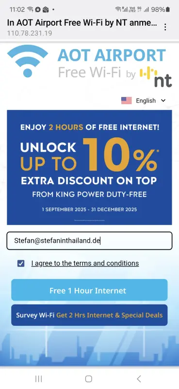 Handy Bildschirm Anmeldung WiFi am Flughafen Suvarnabbhumi in Bangkok