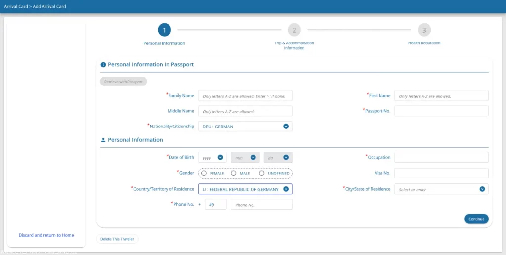 Eingabemaske der TDAC für Reisen nach Thailand