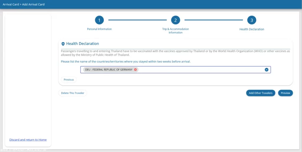 Eingabemaske der TDAC für Reisen nach Thailand