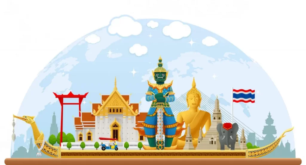 Eine Grafik, die die kulturelle Vielfalt symbolisieren soll, u.a. mit Wat Prakeo in Bangkok