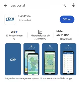 Die Ansicht der UAS Portal App der CAAT im Playstore