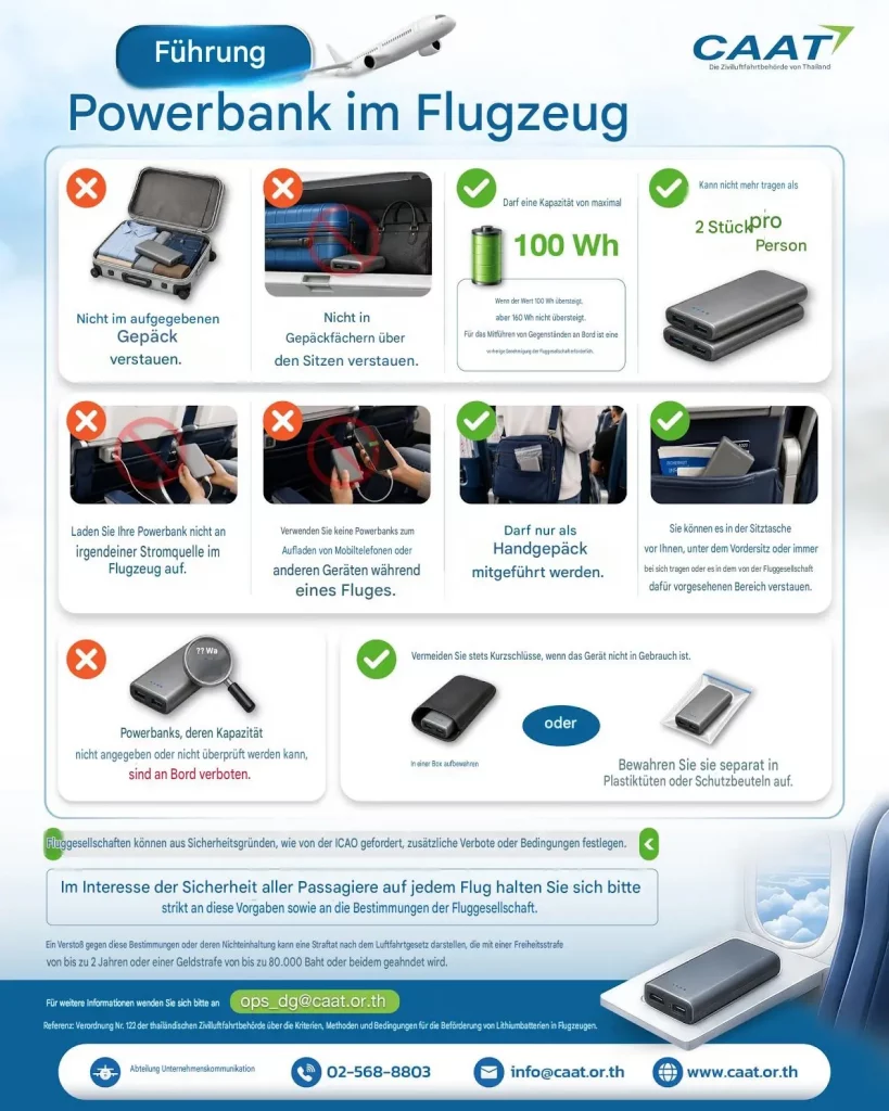 Infografik der CAAT zu Powerbanks in Flugzeugen